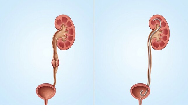 Ureteral obstruction shown before and after stent placement in premium clinical CGI with impaired drainage versus restored urinary flow on pale blue urology background.