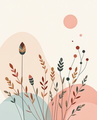 Obraz premium Abstract floral illustration with stylized leaves and circles