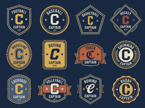 Vintage sports captain team emblems collection featuring various athletic discipline badges with distressed texture and classic typography for collegiate varsity branding and graphic design projects
