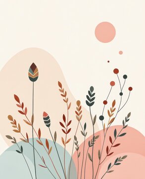 Abstract floral illustration with stylized leaves and circles