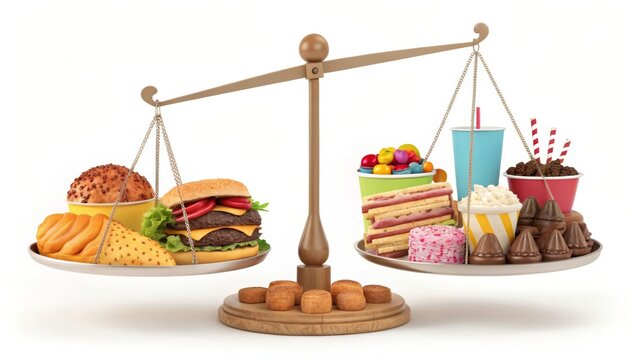Comparison of healthy and unhealthy foods displayed on a scale showing balanced choices in nutrition