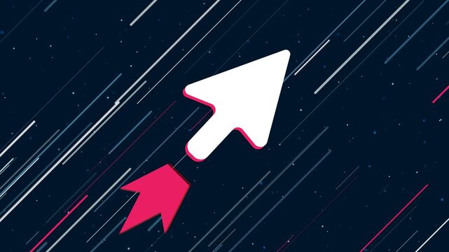 Cursor symbol flies through the universe on a jet propulsion. The symbol in the center is shaking due to high speed. Seamless looped 4k animation on dark blue background with stars