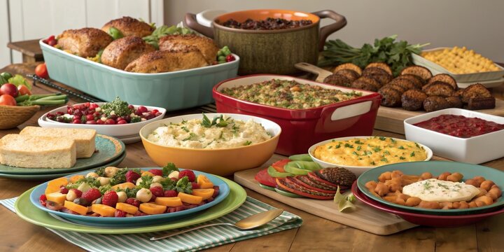 Holiday potluck gathering featuring diverse dishes on a beautifully set table