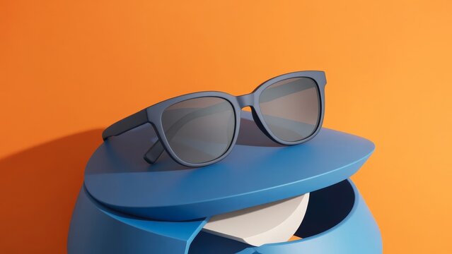 Modern black sunglasses rest on a blue geometric object against a warm orange background.