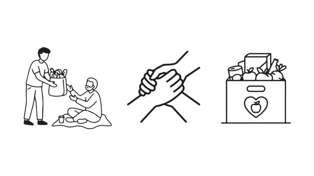 Charity donation line icons set with food bank and volunteer helping poor