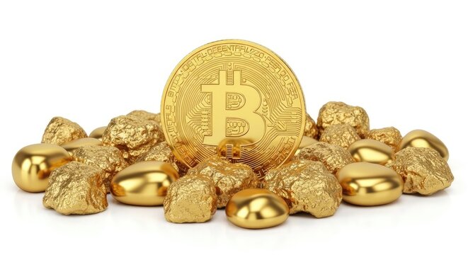 A golden Bitcoin coin rests atop a pile of glittering gold nuggets. The Bitcoin logo is prominently displayed on the coin, and the gold nuggets surround it, creating a rich, luxurious effect.