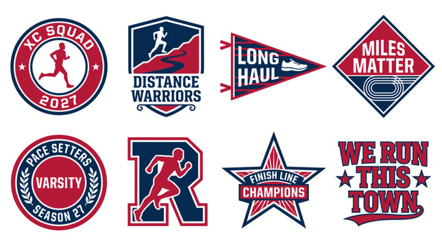 Cross country running athletic badges and varsity emblems set featuring runners and track icons for school sports teams and championship events in a clean vector style isolated on white background