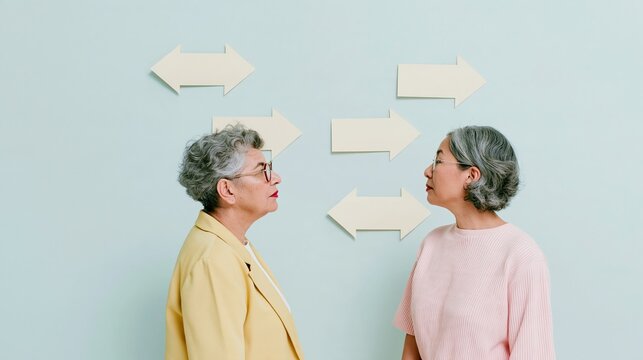 Disaster risk reduction planning with two senior South East Asian women looking at paper arrows on a plain wall, with copy space for a banner