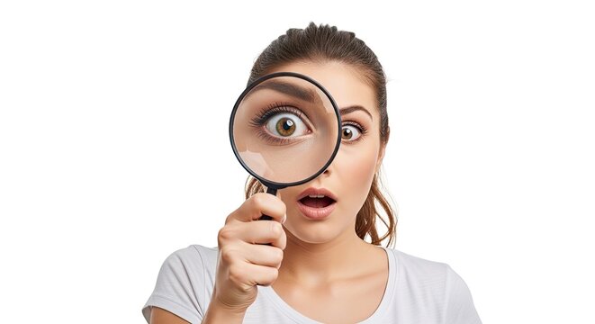 A young woman is holding a magnifying glass up to her eye, examining her own face with a surprised expression. She is looking intently at her eye, with a wide-eyed and slightly shocked expression.