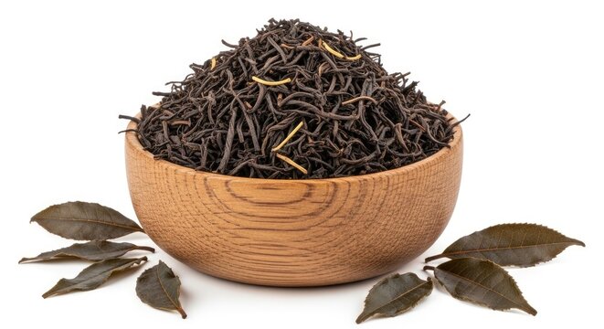 A wooden bowl filled with dried black tea leaves sits on a white surface. Several tea leaves are scattered around the bowl, and two bay leaves rest on the surface next to the bowl.
