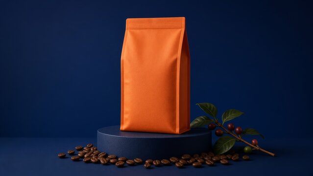 Orange packaging bag stands on a dark blue pedestal surrounded by scattered coffee beans and a branch of coffee cherries.