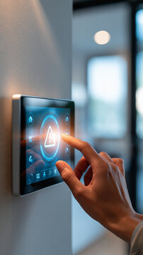 Close-up of a hand touching a smart home security control panel displaying a status alert icon on a glowing screen, bright clean modern setting with soft natural light, minimalist