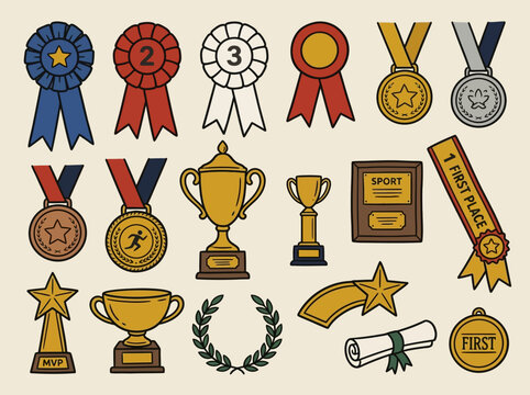 Collection of hand drawn sports award icons including gold trophies medals ribbons and achievement plaques isolated on light background for tournament winner recognition graphics