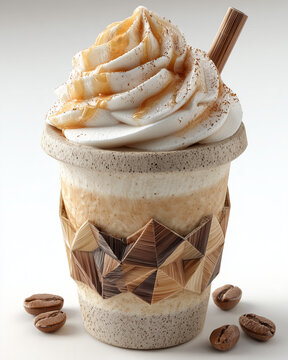 A papercraft beverages figure crafted in geometric origami style of cappuccino smoothie, isolated on white background