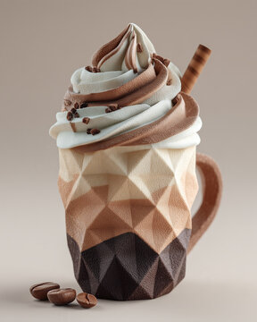 A papercraft beverages figure crafted in geometric origami style of cappuccino smoothie, isolated on white background