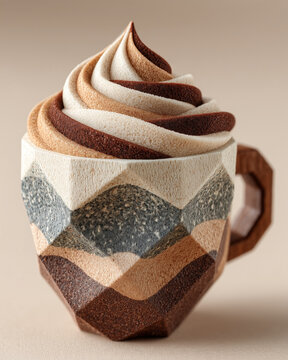 A papercraft beverages figure crafted in geometric origami style of cappuccino smoothie, isolated on white background