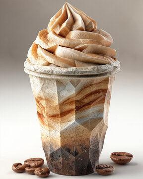 A papercraft beverages figure crafted in geometric origami style of cappuccino smoothie, isolated on white background