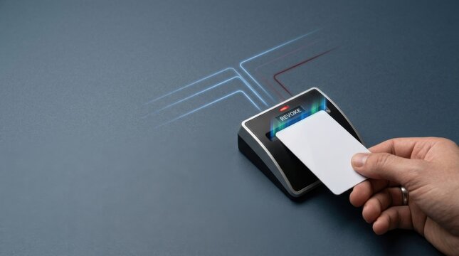 Individual sliding credit card into encoder to visualize access revocation by removing digital permissions immediately