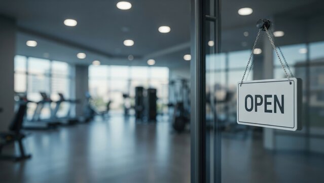 An open sign hangs on the glass door of a modern fitness center. Ideal for advertising gym hours and business reopening concepts.