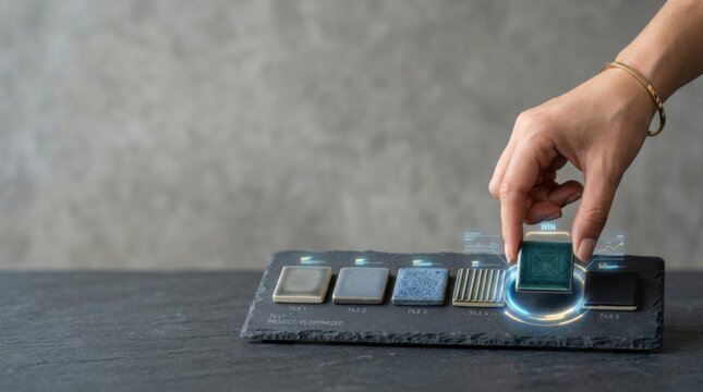 Hand reaching out to activate a button on slate board for business experimentation and controlled variants testing