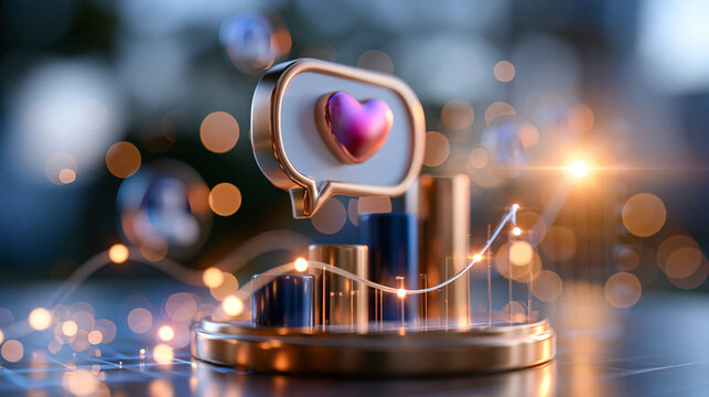 3D speech bubble icon surrounded by social media engagement charts and follower growth graphics on a bright background, social media marketing strategy