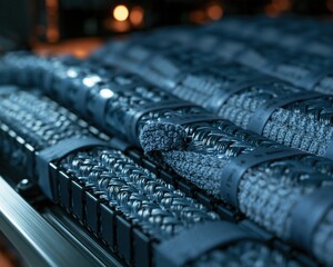 Fototapeta premium Agentic ai infrastructure featuring orderly parallel cable runs with braided sleeves and hook-and-loop ties for a technical background
