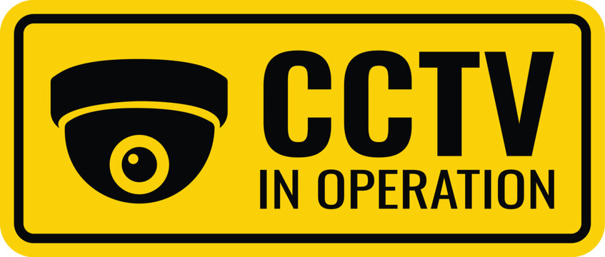 CCTV in operation yellow warning sign with security camera icon and bold black text on white background