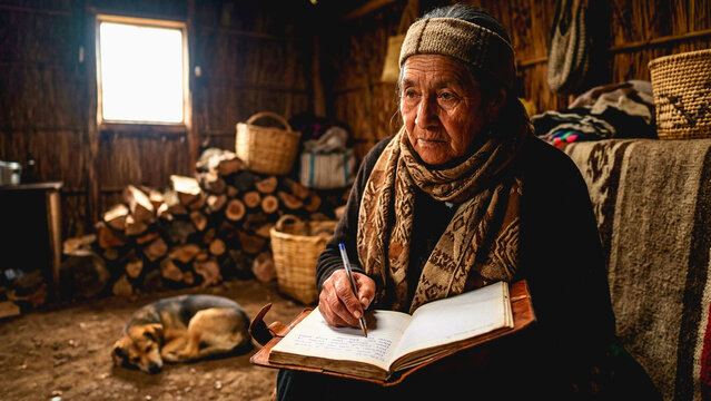 Elderly indigenous woman writing in a notebook inside a rustic wooden cabin with a dog nearby