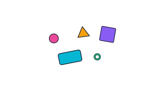 A collection of colorful basic geometric shapes including a circle, triangle, square, rounded rectangle, and a ring scattered on a white background.
