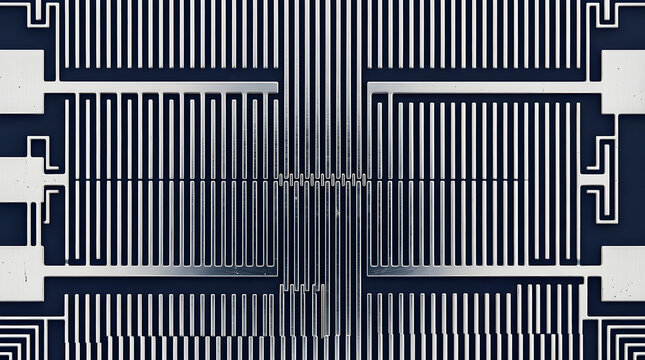 Microelectromechanical System (MEMS) Resonator: A close-up, high-angle view showcases a metallic microelectromechanical system (MEMS) resonator with intricate.
