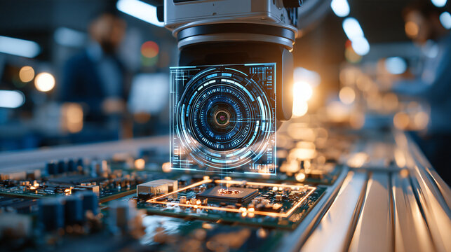 Overhead camera system scanning printed circuit boards on a bright assembly line, digital overlay highlighting a soldering defect, automated inspection technology