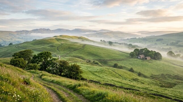 A picturesque landscape showcases rolling green hills and valleys shrouded in a delicate morning mist. A stone cottage sits nestled amongst the fields, adding a touch of rustic charm.