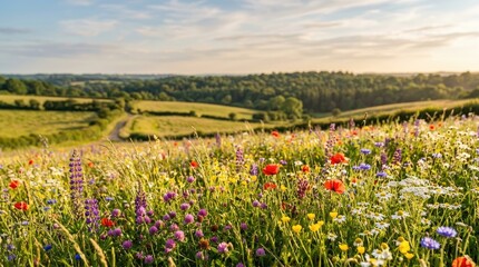 Fototapeta premium A vibrant wildflower meadow stretches across a rolling hillside under a bright, sunny sky.