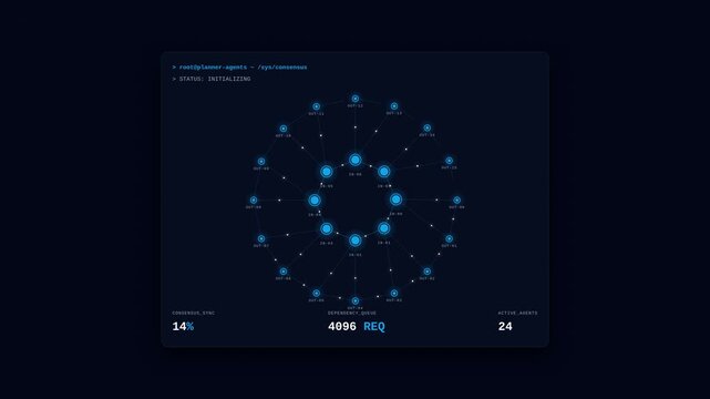Futuristic hud interface initializing system consensus resolving network requests, for artificial intelligence, data processing, cybersecurity, digital communication, advanced technology