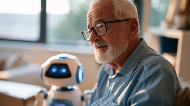 Elderly european man, face softly turned aside, sitting by a large window with an artificial intelligence companion care robot beside him, bright room with soft natural daylight,