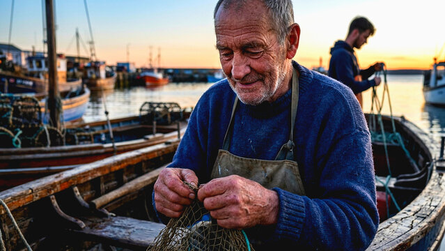 Elderly fisherman repairing a fishing net on his boat at the harbor during a golden hour sunset