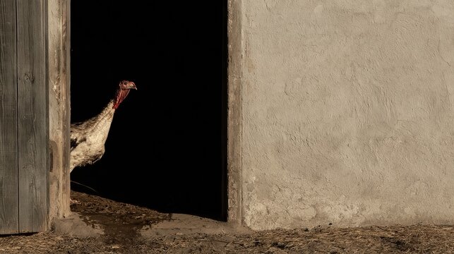 Farmed turkey with a caruncled head standing in a dark barn doorway, featuring weathered timber and wet earth for banner layouts with copy space