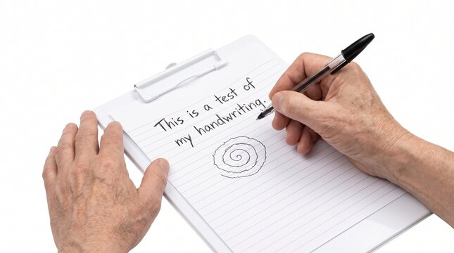 Close-up of an adult hand writing a handwriting test on paper.