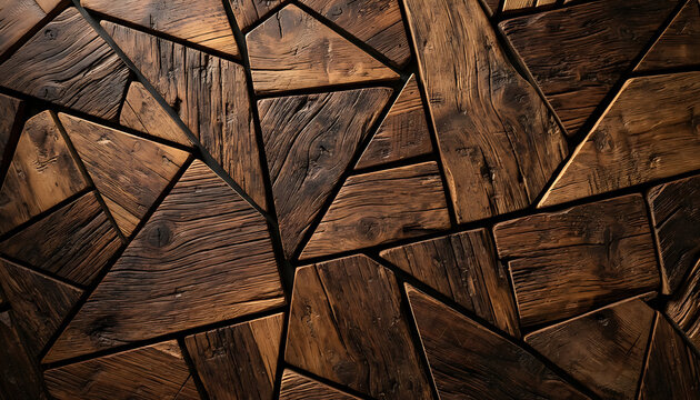 Abstract background of rustic dark brown wooden planks arranged in a geometric mosaic pattern with visible wood grain and texture
