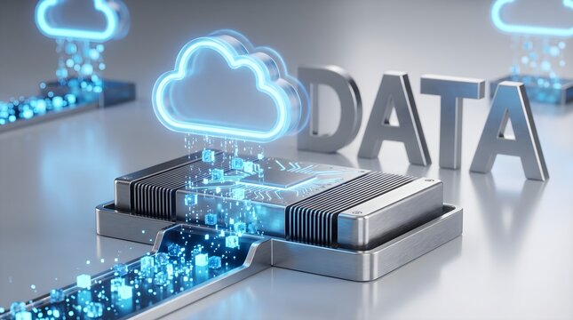 Glowing cloud icon transferring digital data to a metallic CPU processor with DATA text for cloud computing and infrastructure technology concept.