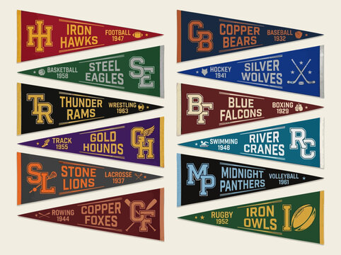 Vintage athletic team pennant set featuring animal mascots like hawks bears rams and wolves with sport names and founding dates in a weathered vector style for collegiate branding projects