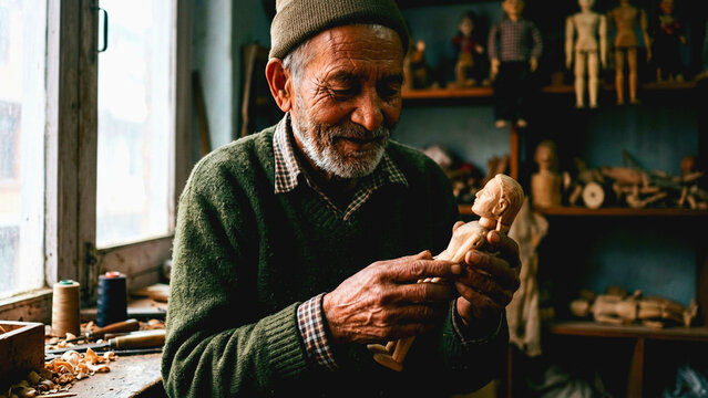 Elderly artisan carving a wooden doll in his traditional workshop with natural window light
