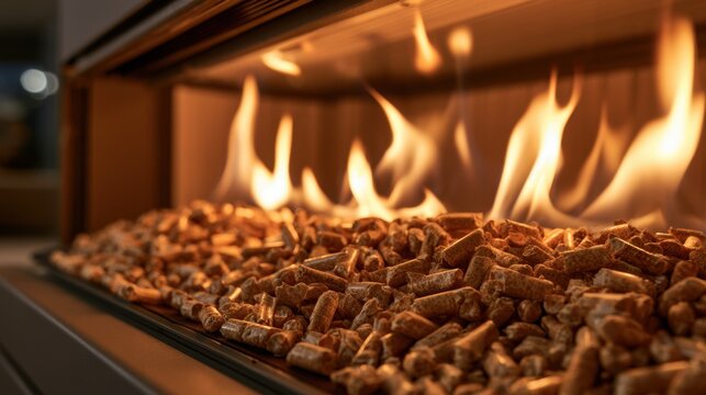 Close-up view of burning wood pellets in a modern fireplace with bright flames creating warm and cozy ambiance in home interior