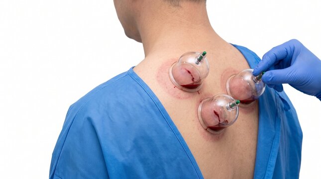 Practitioner performing traditional wet cupping therapy on adult man's back.
