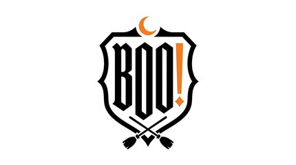 Fototapeta premium Halloween Boo typography emblem with a crescent moon and crossed broomsticks