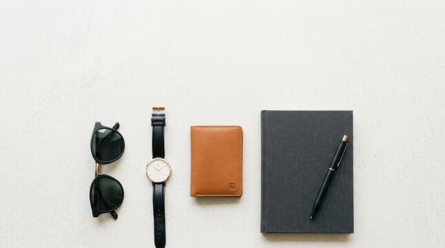 A stylish flat lay arrangement features a pair of sunglasses, a black wristwatch, a brown leather wallet, a gray notebook, and a gold pen.