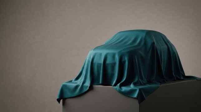 A dark teal cloth drapes over a car, obscuring its design. The cloth rests on a gray cube, creating a dramatic and mysterious presentation.