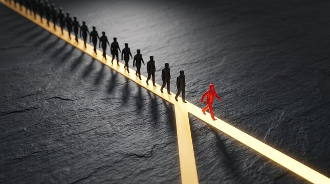 Red figure breaking away from the crowd to follow a different path