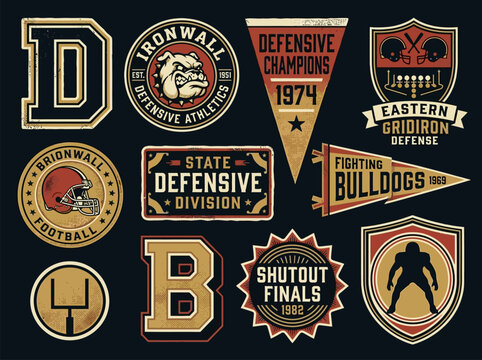 American football defensive team badges and vintage pennant collection featuring bulldog mascot and gridiron shield graphics in a textured vector design for athletic branding and apparel printing