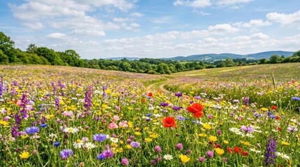 Obraz premium A vibrant wildflower meadow stretches across a rolling landscape under a bright blue sky. Colorful wildflowers, including poppies, daisies, and lupines, bloom profusely in the field.